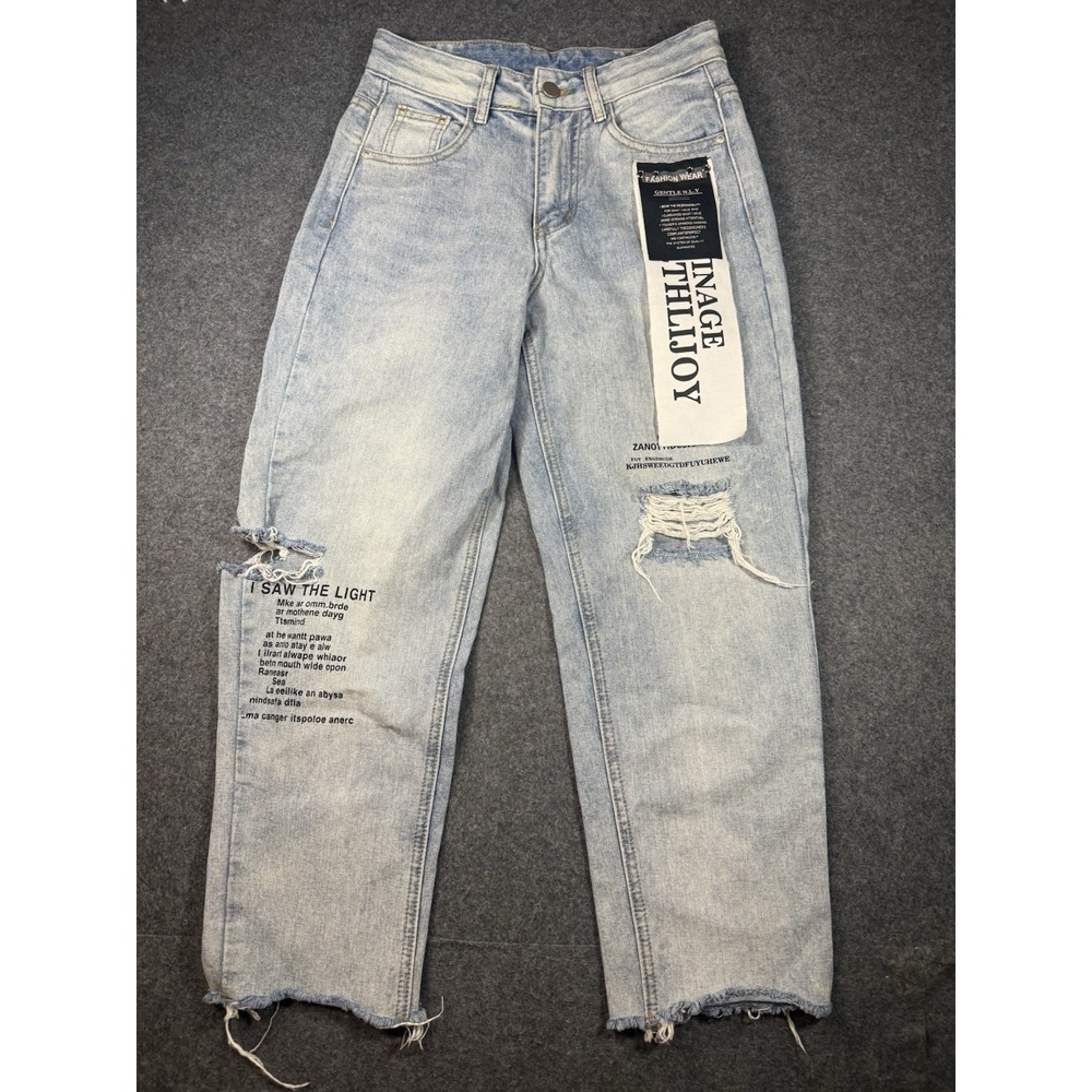 Kama‎ Light Wash Distressed Graphic Text Straight Leg Jeans Small